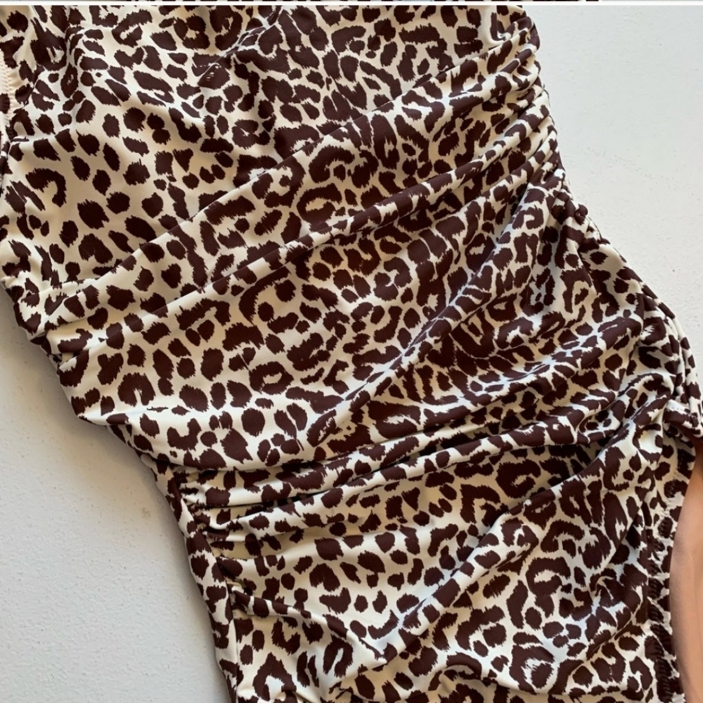 NWT- J. Crew Leopard Print One Shoulder Ruched One Piece Swim Suite- Size 0 - Picture 3 of 16